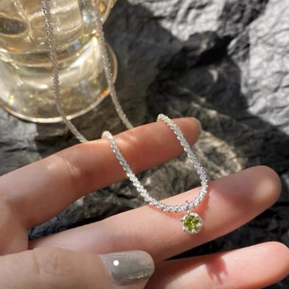 🍏50% OFF/3+...Silver Plated Necklace with Green Crystal Pendant - Picture 6 of 16